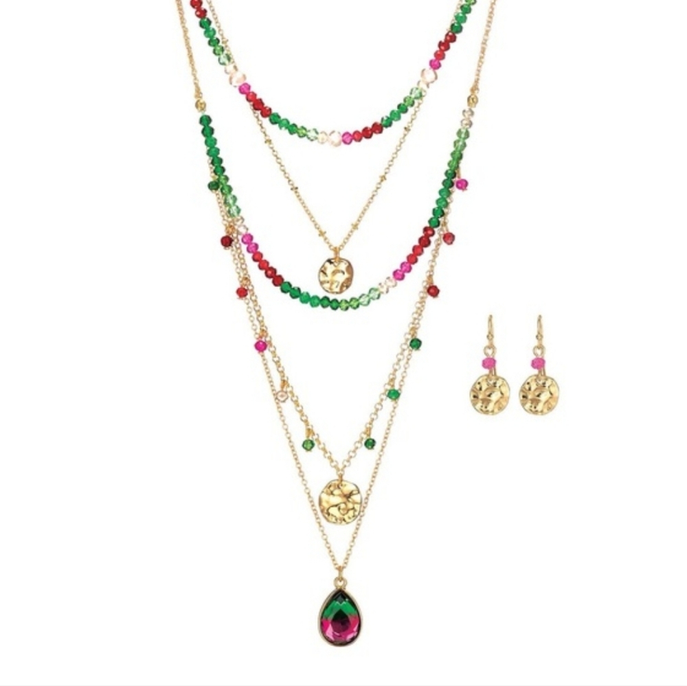 Avon Tropical Green & Pink Necklace Earrings & Bracelet Set NWT